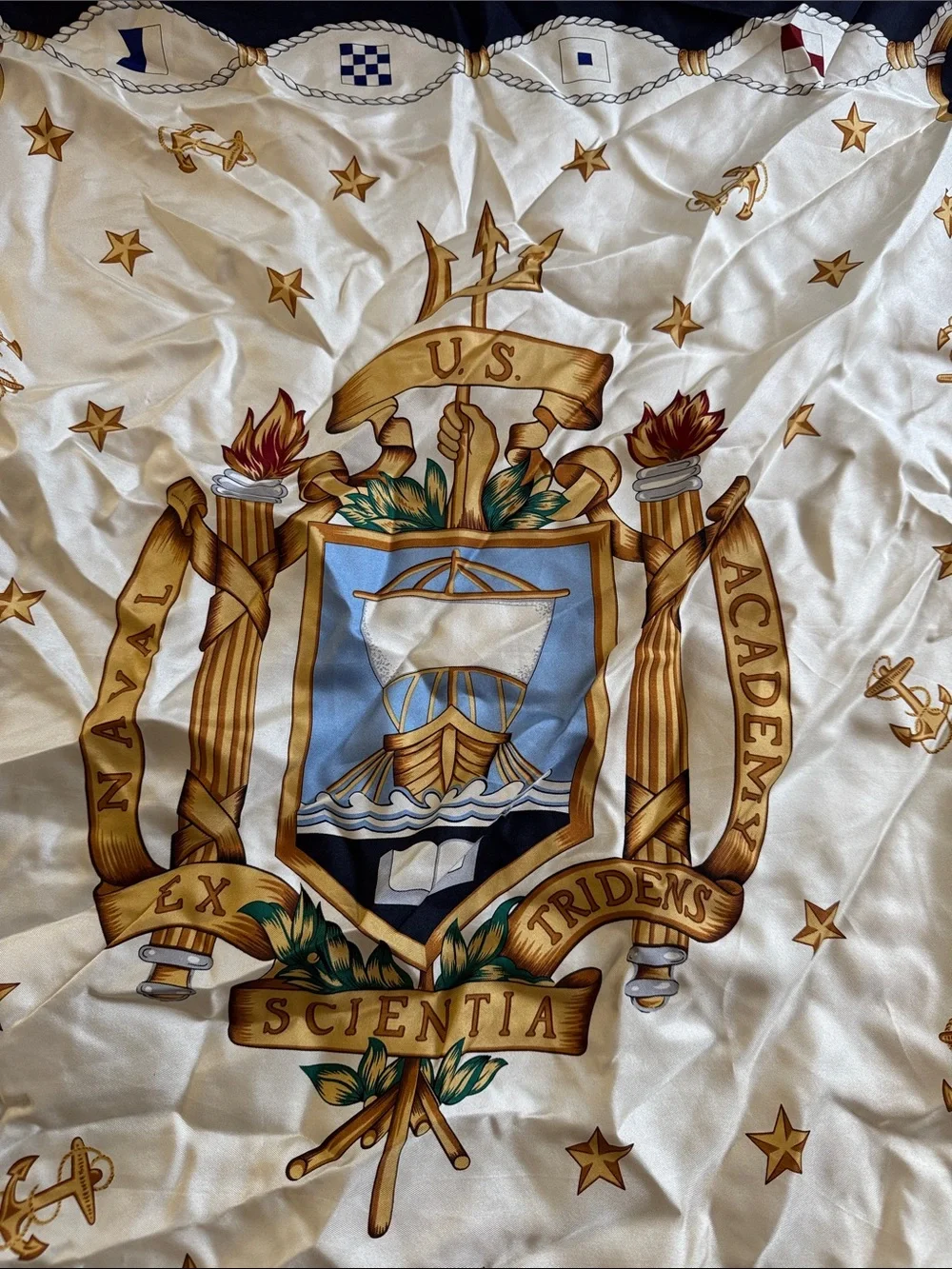 Nautical Crest Silk Scarf in Navy, Cream & Gold